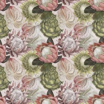 Protea seamless pattern. watercolor realist flowers of protea and anthurium Stock Illustration