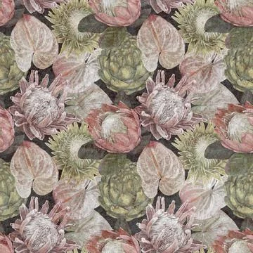 Protea seamless pattern. watercolor realist flowers of protea and anthurium Stock Illustration