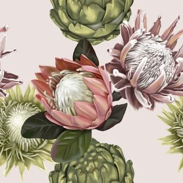 Protea seamless pattern. watercolor realist flowers of protea and anthurium Stock Illustration