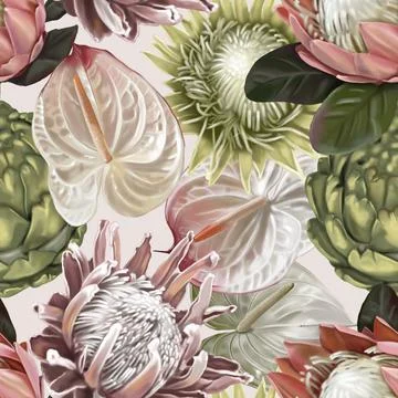 Protea seamless pattern. watercolor realist flowers of protea and anthurium Illustrazione stock
