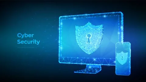 Protect and cyber security or safe concept. Abstract low polygonal computer m 스톡 일러스트