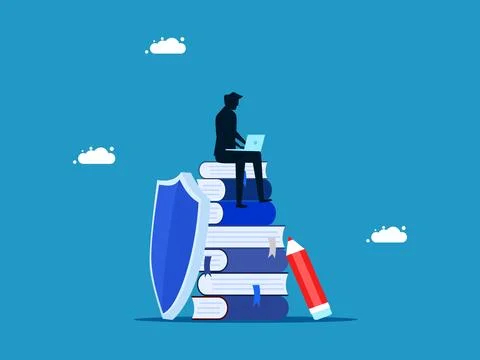 Protect business knowledge. man working on shield with stack of books Stock Illustration