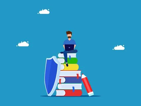 Protect business knowledge. man working on shield with stack of books Illustrazione stock