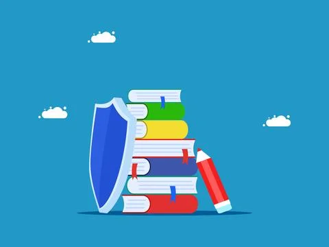 Protect business knowledge. stack of books and protective shield Stock Illustration