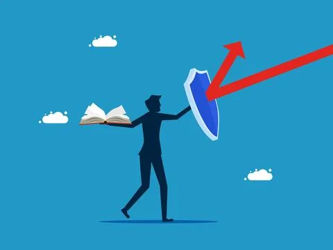 Protect business learning. man with shield protects book from arrow attack 스톡 일러스트