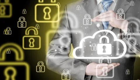 Protect cloud information data concept. Security and safety of cloud computing Stock Photos