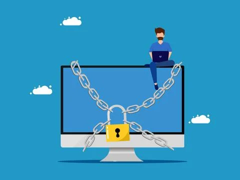 Protect computer. man and computer locked with padlock. vector Illustrazione stock
