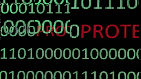 Protect Data Glitch Concept with Binary Codes and Red Protection Text Overlay Stock Footage 300303882