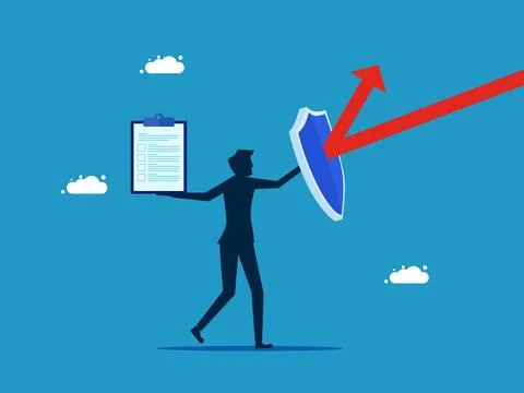 Protect documents. man with shield protects check document from arrow attack Stock Illustration