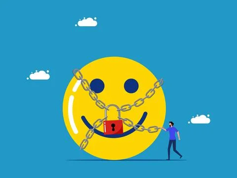 Protect happiness. man standing with optimistic icon locked with padlock Ilustração Stock