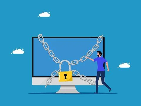 Protect information. man and computer locked with padlock. vector Illustrazione stock