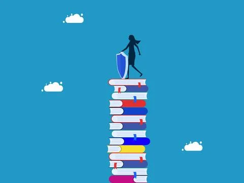 Protect knowledge. woman with protective shield standing on high pile of book Stock Illustration