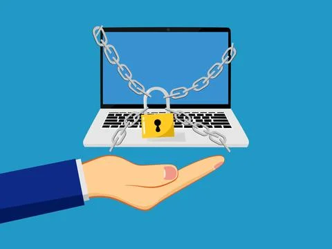 Protect laptop data. Internet Security. Hand holding a laptop locked with a p Illustrazione stock