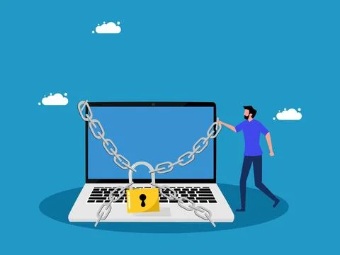 Protect laptop data. man and laptop locked with a padlock Illustrazione stock