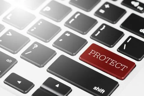 "PROTECT" Red button keyboard on laptop computer for Business and Technology  Stock Photos