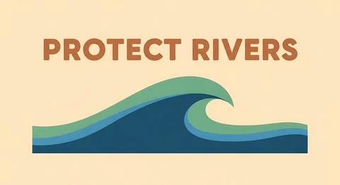 Protect rivers message with stylized waves graphic on beige background for .. Ilustración de archivo