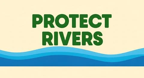 Protect rivers text with green bold letters and blue wavy water illustratio.. Stock Illustration