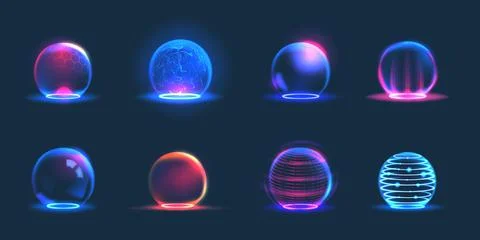 Protect shield. Circle sphere fields, force bubble 3d protection domes Illustrazione stock