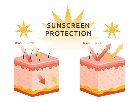 Protect skin from UV sun. Rays arrow damage. UVA and UVB reflecting heat. Str Stock Illustration