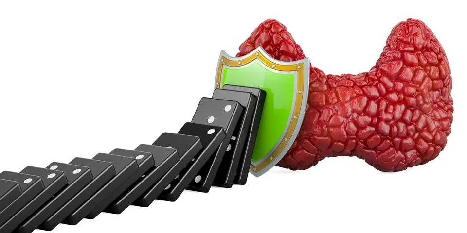 Protect of thyroid disease. Shield before thyroid gland, stop domino effect.. Stock Illustration