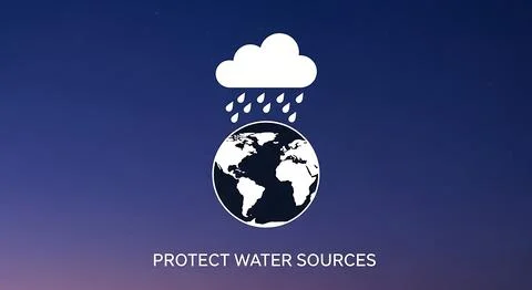 Protect water sources concept, cloud raining on planet earth icon, dark blu.. Stock Illustration