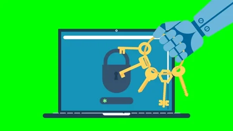 Protect your data on your laptop. The robot holds the keys in his hand Stock Footage 275322743