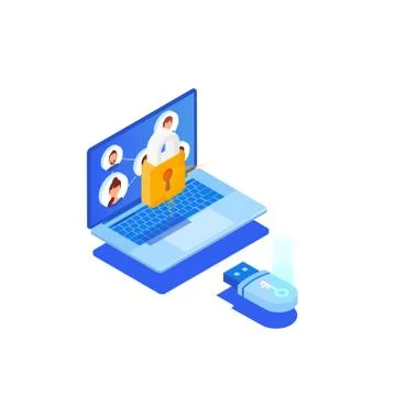 Protect your database on your computer. 3d isometric vector illustration 스톡 일러스트