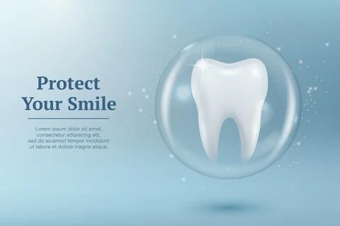 Protect Your Smile. Vector 3d Realistic Tooth in a Protective Bubble Isolated on Stock Illustration