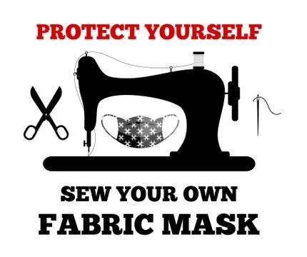 PROTECT YOURSELF, sewing machine, fabric mask, coronavirus cell, needle icon. Stock Illustration