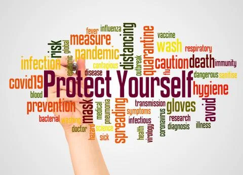 Protect yourself word cloud and hand with marker concept Stock Photos