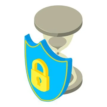 Protected crypto icon isometric vector. Shield with padlock image near hourglass Stock Illustration