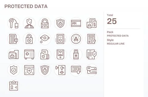 Protected Data Vector Icon Library with 25 Regular Line 256x256 Detail Enha.. Stock Illustration