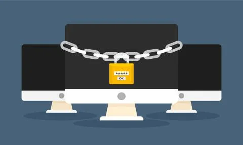 Protected desktop computer concept background, flat style Stock Illustration