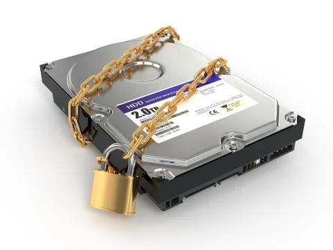 Protected hdd. chain and lock on hard disk drive. 3d Illustration