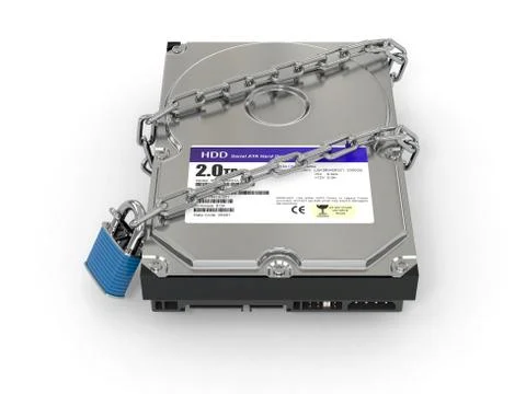 Protected hdd. chain and lock on hard disk drive. 3d Stock Illustration
