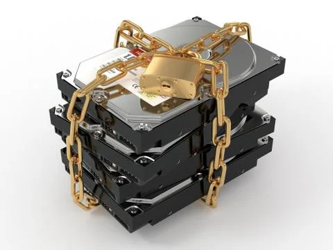 Protected hdd. chain and lock on hard disk drive. 3d Ilustração Stock