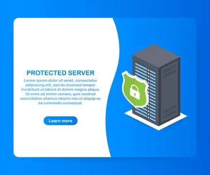 Protected server. Isometric database protection concept. Server room rack, da Stock Illustration
