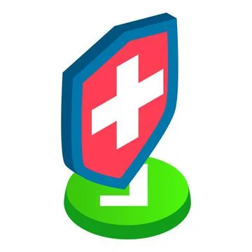 Protected sign icon isometric vector. Shield with white cross on green button Stock Illustration