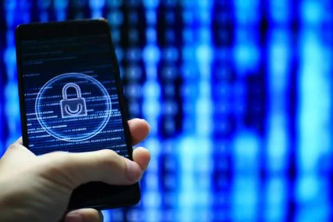 Protected in stream of data flow. padlock icon symbolism security and motion 库存照片