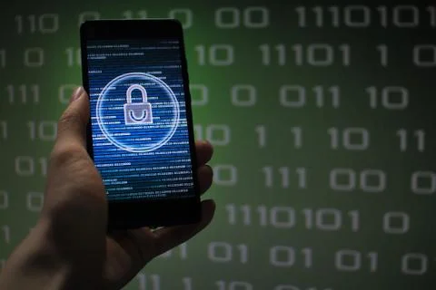 Protected in stream of data flow. padlock icon symbolize security and Green b Stock Photos