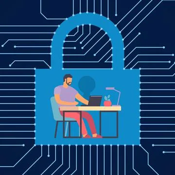 Protected workflow. Man working at computer. Digital security. Information イラスト素材