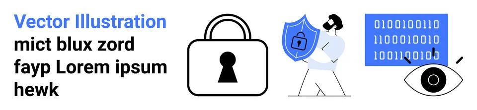 Protecting Data Man with Shield, Padlock, Eye and Binary Code Icons Highlig.. 스톡 일러스트