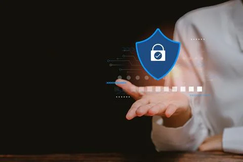 Protecting Data Security Concept with Digital Shield and Lock Illustrating .. Foto stock