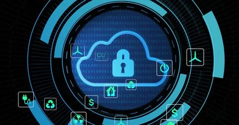 Protecting glowing blue cloud with padlock in virtual HUD, showing concentric Иллюстрация