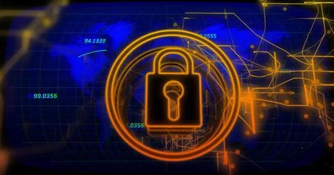 Protecting glowing padlock inside concentric rings over digital world map, Stock Illustration