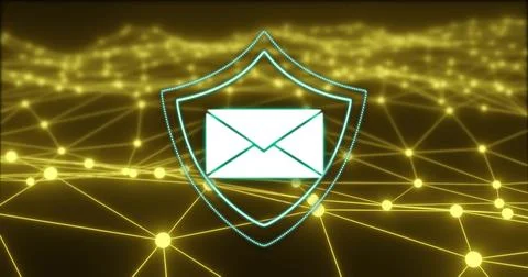 Protecting mail icon inside teal shield dotted-rim in virtual grid, securing Stock Illustration