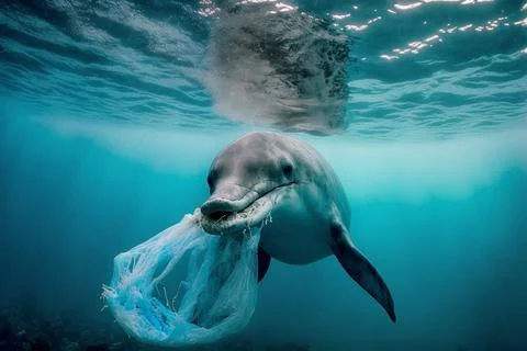 Protecting the Ocean. Let's save our oceans. Dolphin with a plastic bag swimming Photos