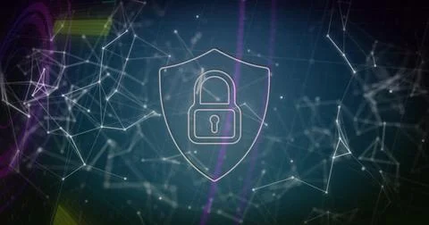 Protecting outlined shield with padlock glowing in digital network space, with 스톡 사진