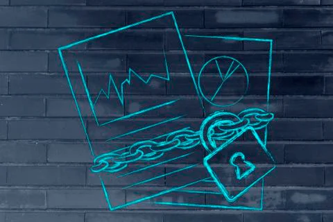 Protecting private documents: illustration with chained pages Illustrazione stock