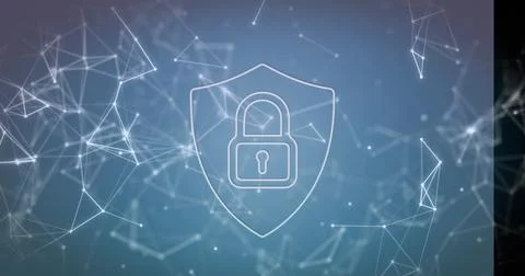 Protecting translucent shield icon hovering over digital network, with padlock Stock Photos